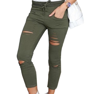 Plus Size Solid Color Drawstring High Waist Pencil Pants Ripped Skinny Leggings High Waist Pencil Pants Ripped Skinny Leggings P