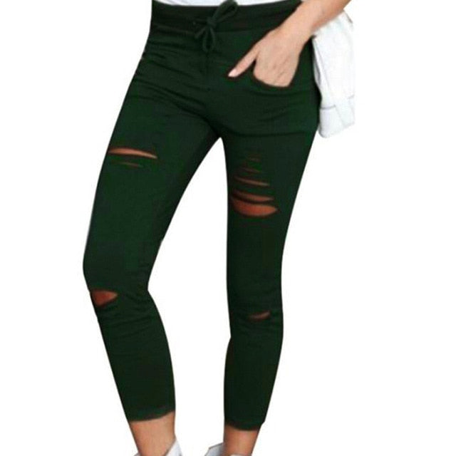 Plus Size Solid Color Drawstring High Waist Pencil Pants Ripped Skinny Leggings High Waist Pencil Pants Ripped Skinny Leggings P