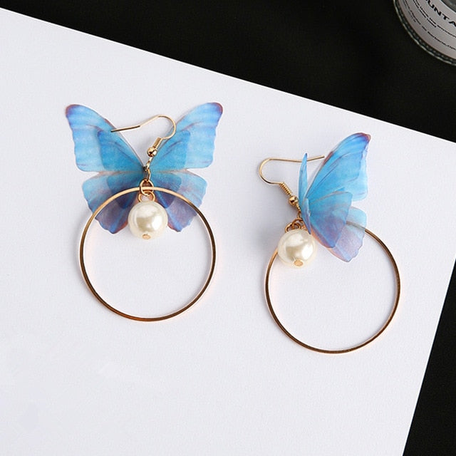 Korean Retro Asymmetric Butterfly Imitation Pearl Earrings Fashion Round Flower Brincos Long Statement Wings Earrings Jewelry