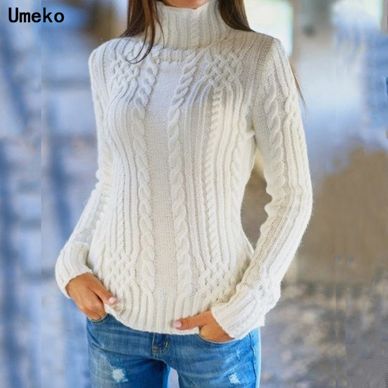 Umeko 2020 Warm Fall Winter Sweaters Women High Neck Twist Knitted Sweater Ladies Plus Size Pullover Tops Fashion Sweater Female