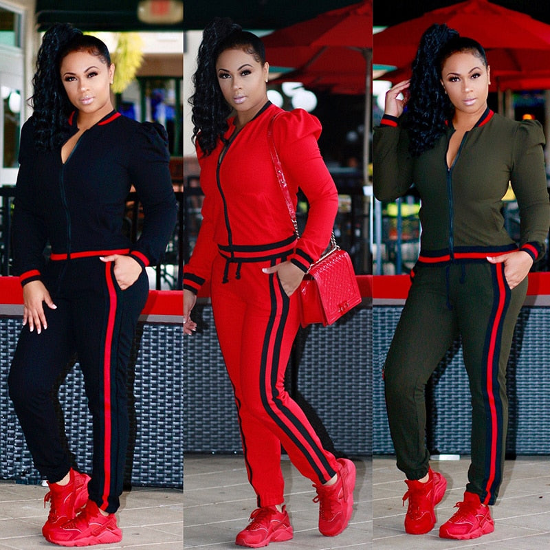 TWO PIECE SET Stripe Jogger Pants Women Sweatsuit Runway Tracksuit 2 Pieces Set Sporting Suit Female Clothing Outfits Plus Size