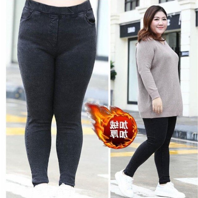 Oversize Women Jeans New Autumn Trousers High-waist Elasticity leggings Plus Velvet Warm Winter Denim Pants Female Plus Size 7XL