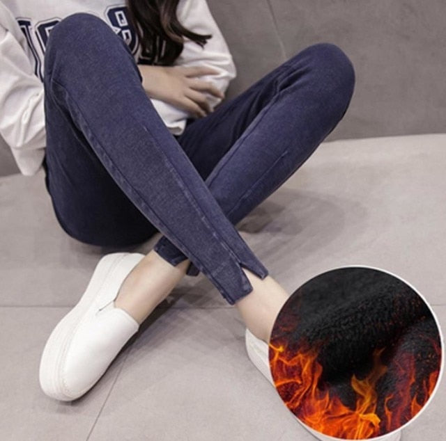 Oversize Women Jeans New Autumn Trousers High-waist Elasticity leggings Plus Velvet Warm Winter Denim Pants Female Plus Size 7XL