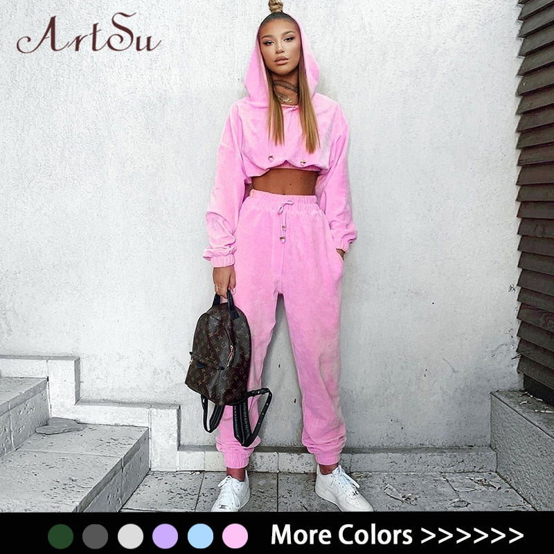 Artsu Flannel 2 Two Piece Set Sport Suit Pink Fleece Crop Top Hoodies Sweat Pants Women Matching Sets Clothing Outfit Sportswear