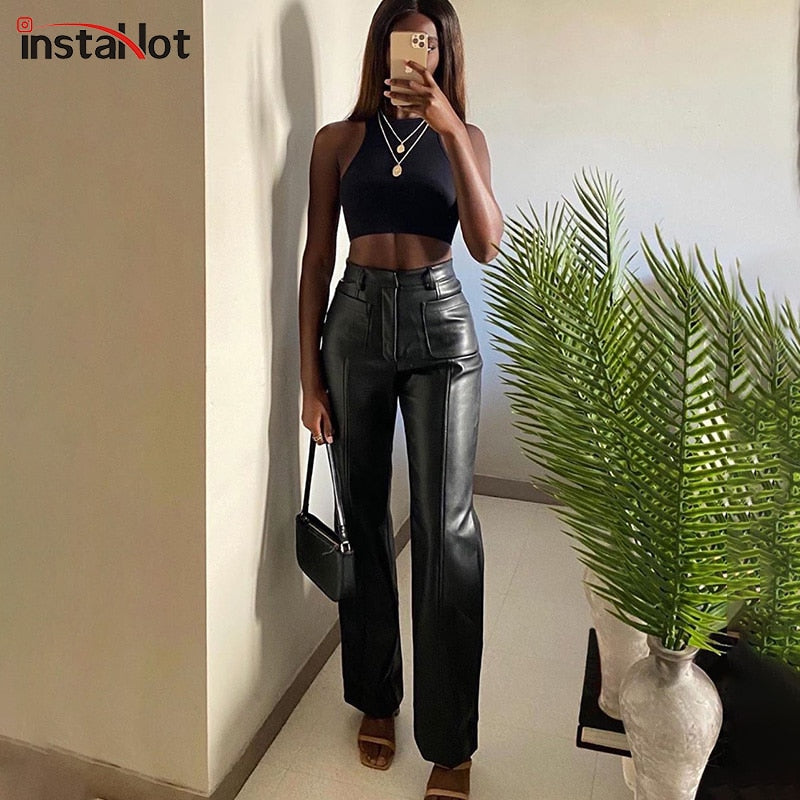 InstaHot Women Faux Leather Pant Pockets Straight Pant Trousers Autumn Elegant High Waist Office Lady Slim Vintage Leisure Pants