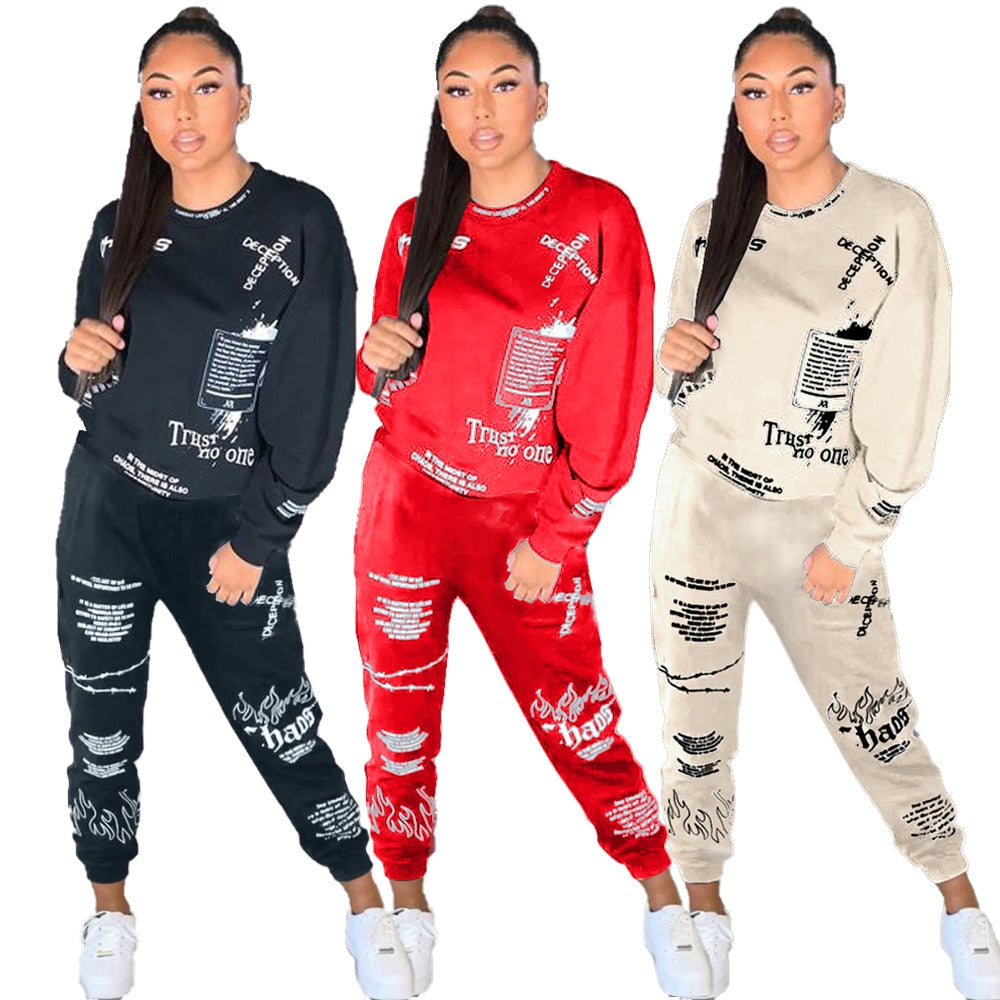 New 2 Piece Sets Womens Outfits Fall Winter Sweatsuit Letter Graffiti Print Crop Top Sweatpants Tracksuit Wholesale Dropshpping