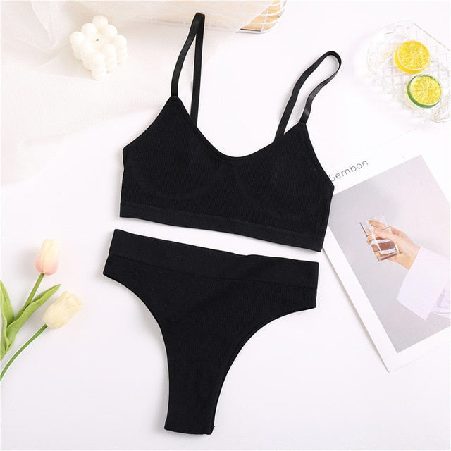 FINETOO Seamless Women Top Panties Set Cotton Tops Low Waist G-String Underwear Set Soft Active Wear Lingerie Fitness Crop Top