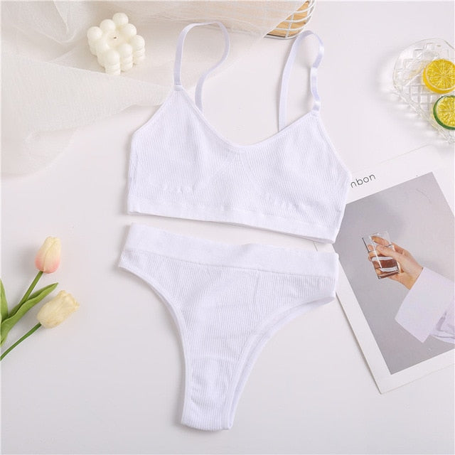 FINETOO Seamless Women Top Panties Set Cotton Tops Low Waist G-String Underwear Set Soft Active Wear Lingerie Fitness Crop Top