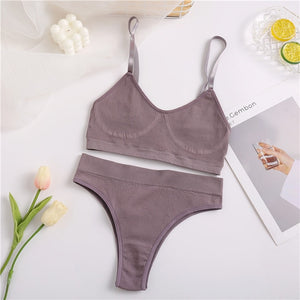 FINETOO Seamless Women Top Panties Set Cotton Tops Low Waist G-String Underwear Set Soft Active Wear Lingerie Fitness Crop Top