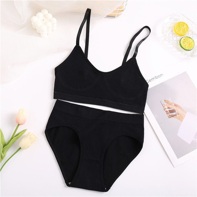 FINETOO Seamless Women Top Panties Set Cotton Tops Low Waist G-String Underwear Set Soft Active Wear Lingerie Fitness Crop Top