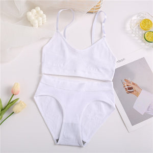 FINETOO Seamless Women Top Panties Set Cotton Tops Low Waist G-String Underwear Set Soft Active Wear Lingerie Fitness Crop Top