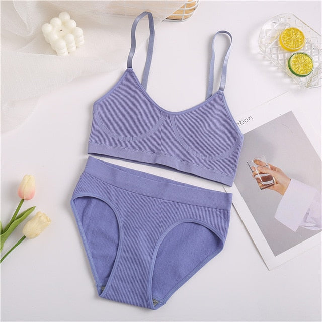 FINETOO Seamless Women Top Panties Set Cotton Tops Low Waist G-String Underwear Set Soft Active Wear Lingerie Fitness Crop Top