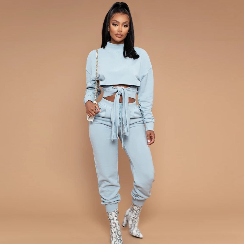 Sexy Two Piece Set Women Clothes Crop Top Bandage Lace Up Jogger Pants Sportswear Tracksuit Lounge Wear Outfits Matching 2 Pcs