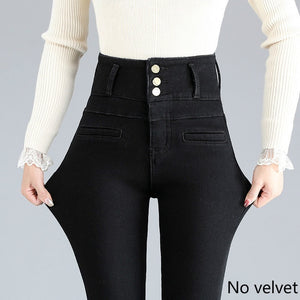 New Ladies Plus Velvet Super High Waist Sexy Skinny Jeans Winter Warmth Belly Retro Blue Black Thick Elastic Denim Pencil Pants