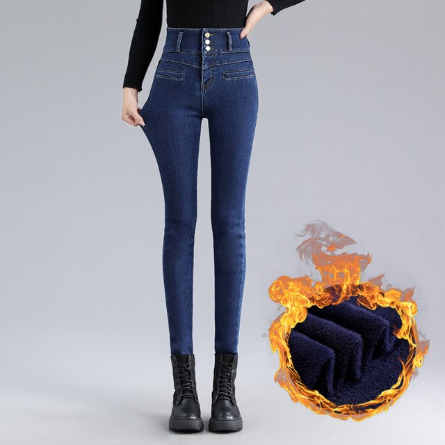 New Ladies Plus Velvet Super High Waist Sexy Skinny Jeans Winter Warmth Belly Retro Blue Black Thick Elastic Denim Pencil Pants