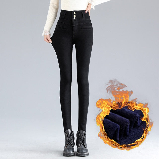 New Ladies Plus Velvet Super High Waist Sexy Skinny Jeans Winter Warmth Belly Retro Blue Black Thick Elastic Denim Pencil Pants