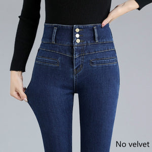 New Ladies Plus Velvet Super High Waist Sexy Skinny Jeans Winter Warmth Belly Retro Blue Black Thick Elastic Denim Pencil Pants