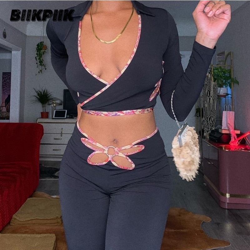 BIIKPIIK Hollow Out Flowers Skinny Two Piece Sets Casual Lounge Wear Long Sleeve Autumn Black Sportwear Female Elegant Suits