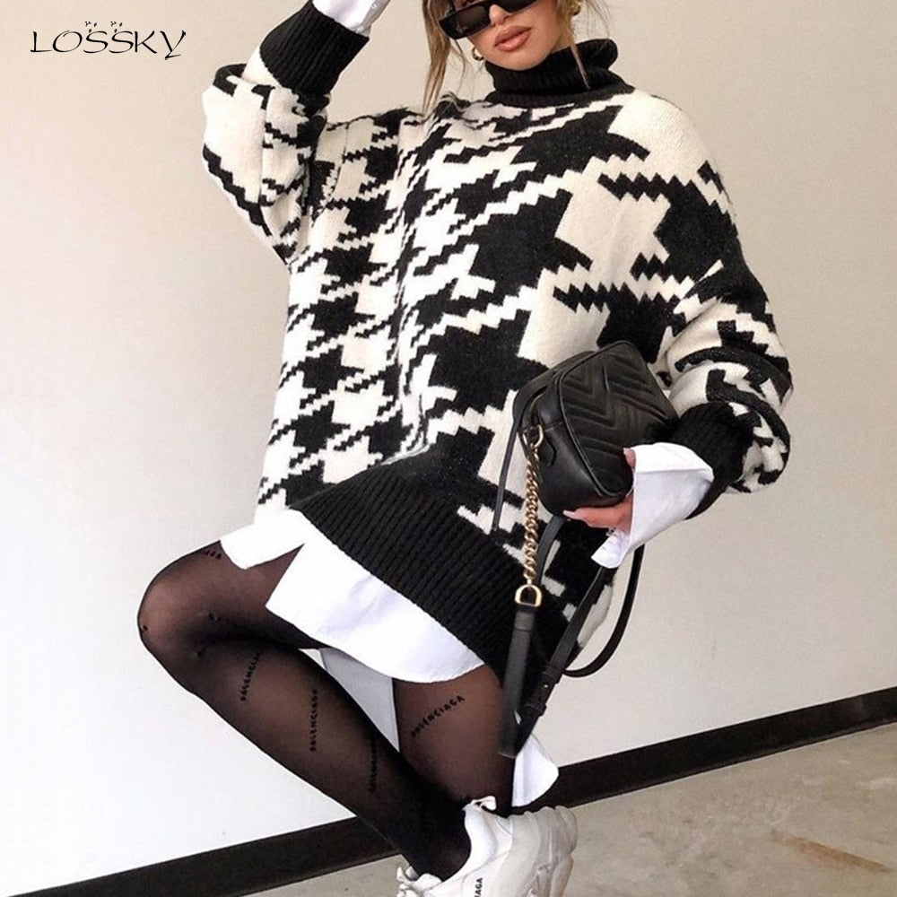 Long Sweater Dress Autumn Winter Fashion Houndstooth Black Turtleneck Long Sleeve Knit Pullover Tops Clothes For Women 2021 Fall