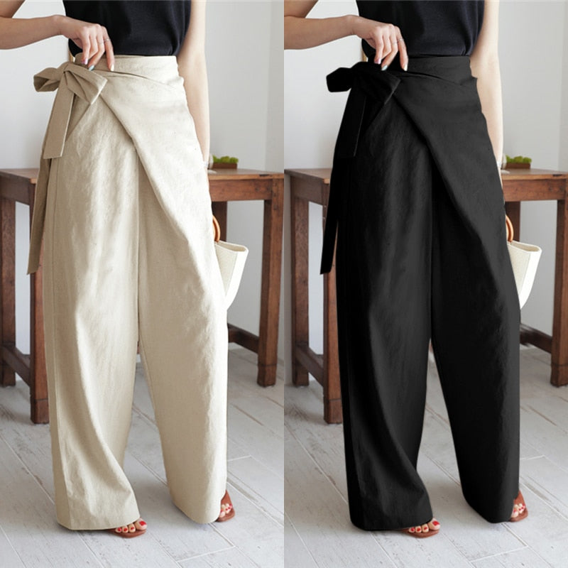 Women's Vintage Linen Cotton Trousers Celmia Long Pants Casual High Waist Office Solid Wide-leg Pantalon Femme Plus Size 5XL 7