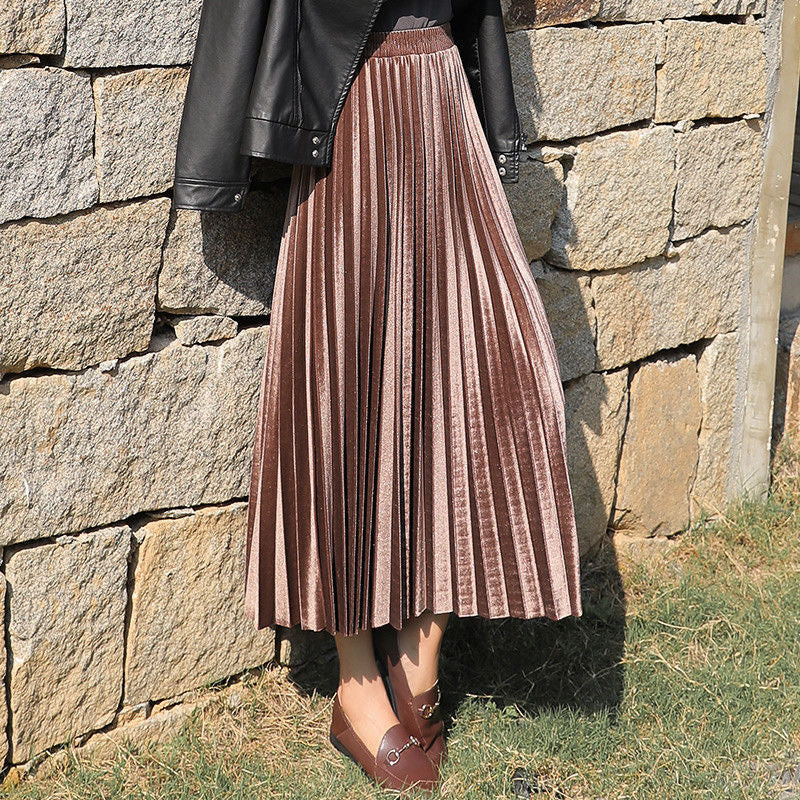 Pleated Long Skirt Women Fall Winter 2020 Korean Velvet High Waist Casual Loose Office Lady Clothes Bottoms Plus Size Midi Skirt