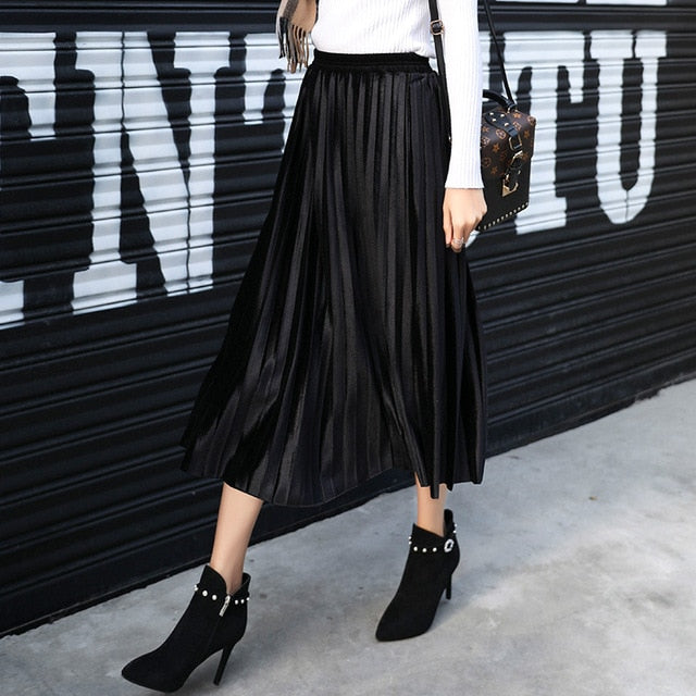 Pleated Long Skirt Women Fall Winter 2020 Korean Velvet High Waist Casual Loose Office Lady Clothes Bottoms Plus Size Midi Skirt