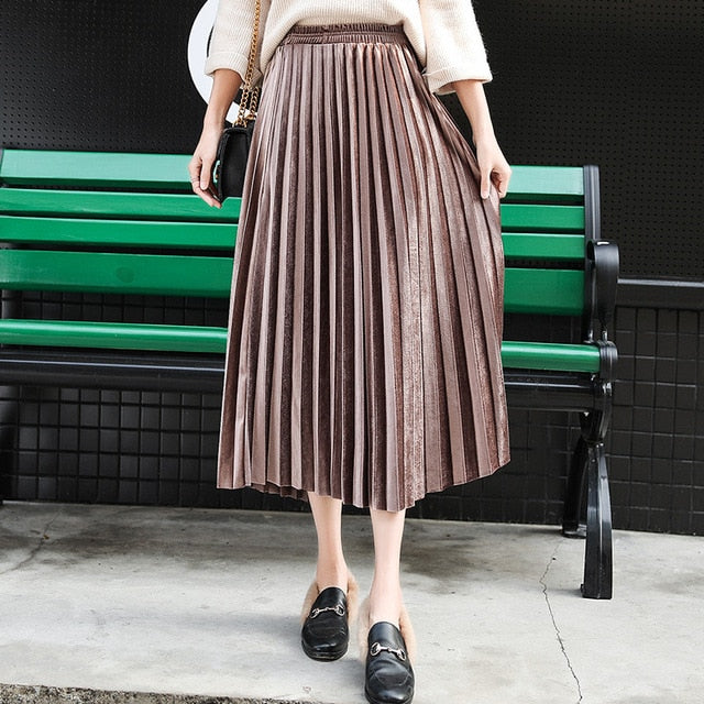 Pleated Long Skirt Women Fall Winter 2020 Korean Velvet High Waist Casual Loose Office Lady Clothes Bottoms Plus Size Midi Skirt