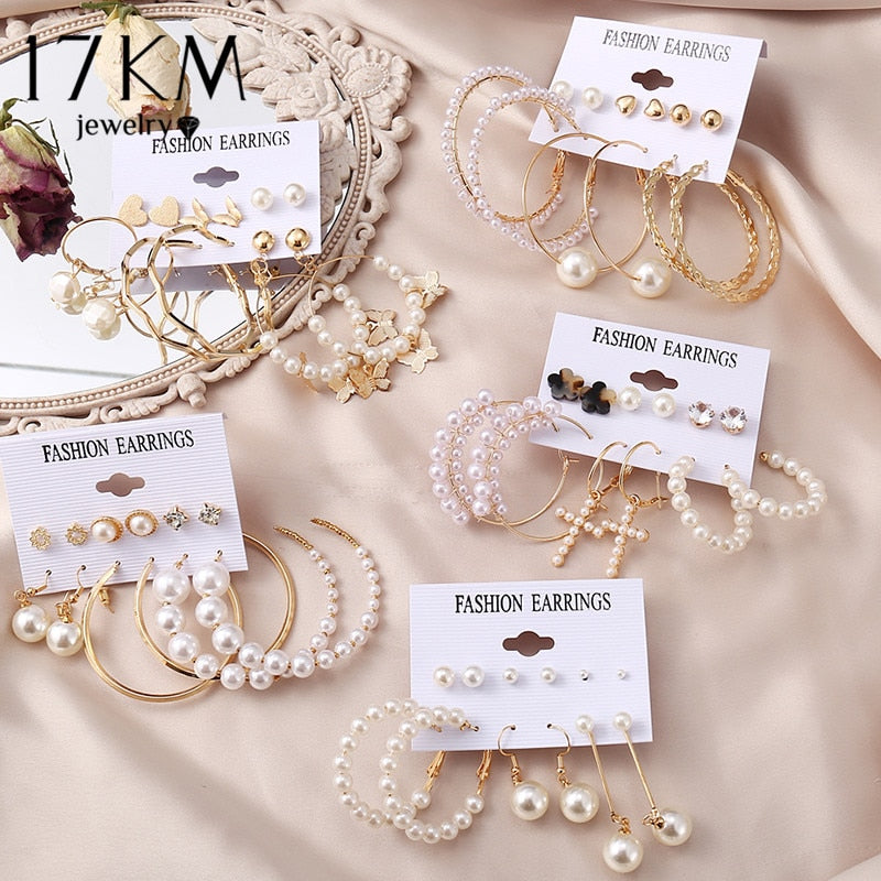 17KM Vintage Pearl Earrings For Women Big Gold Cross Set of Earrings Long Tassel Butterfly Dangle Drop Earrings 2021 Jewelry