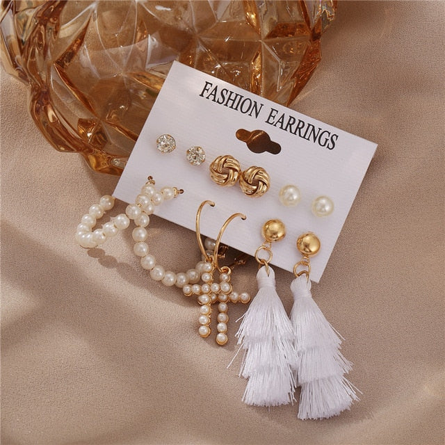 17KM Vintage Pearl Earrings For Women Big Gold Cross Set of Earrings Long Tassel Butterfly Dangle Drop Earrings 2021 Jewelry