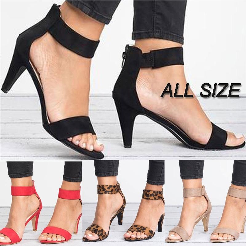 Women Sandals Open Toe Summer Shoes with High Heels Shoes Ankle Strap Female Thin Heel Sandals Zipper Plus Size Sandalias Mujer