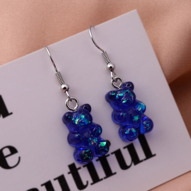 New Fashion Sequins Resin Gummy Bear Dangle Earrings for Women Girl DIY Cartoon Animal Bear Earrings Creative Drop Jewelry Gifts