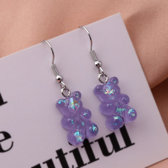 New Fashion Sequins Resin Gummy Bear Dangle Earrings for Women Girl DIY Cartoon Animal Bear Earrings Creative Drop Jewelry Gifts