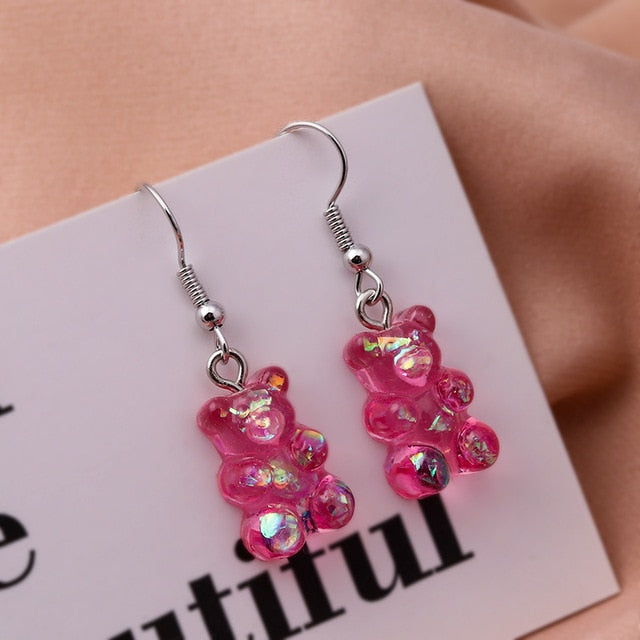 New Fashion Sequins Resin Gummy Bear Dangle Earrings for Women Girl DIY Cartoon Animal Bear Earrings Creative Drop Jewelry Gifts