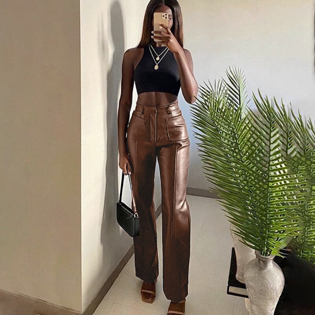 InstaHot Women Faux Leather Pant Pockets Straight Pant Trousers Autumn Elegant High Waist Office Lady Slim Vintage Leisure Pants