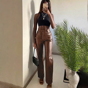 InstaHot Women Faux Leather Pant Pockets Straight Pant Trousers Autumn Elegant High Waist Office Lady Slim Vintage Leisure Pants