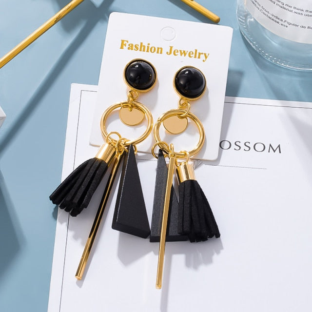 Korean Statement Earrings For Women 2020 Fashion Vintage Black Arcylic Gold Geometric Tassel Drop Earings Female Brincos Jewelry