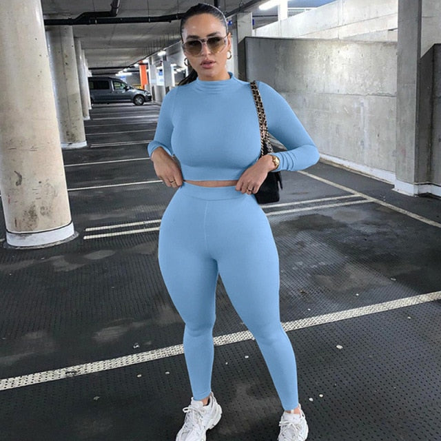 Two Piece Sets Women Solid Autumn Tracksuits High Waist Stretchy Sportswear Hot Crop Tops And Leggings Matching Outfits