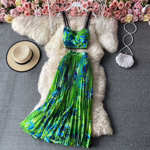 Bohemian Vacation Beach 2pcs Set Women Floral Printed Short Strapless Tops And High Waist Pleated Long Skirt Suit Spring Summer