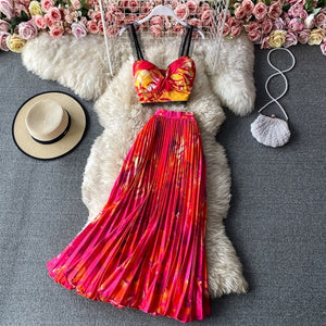 Bohemian Vacation Beach 2pcs Set Women Floral Printed Short Strapless Tops And High Waist Pleated Long Skirt Suit Spring Summer