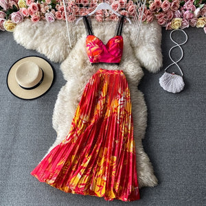 Bohemian Vacation Beach 2pcs Set Women Floral Printed Short Strapless Tops And High Waist Pleated Long Skirt Suit Spring Summer