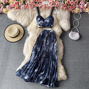 Bohemian Vacation Beach 2pcs Set Women Floral Printed Short Strapless Tops And High Waist Pleated Long Skirt Suit Spring Summer