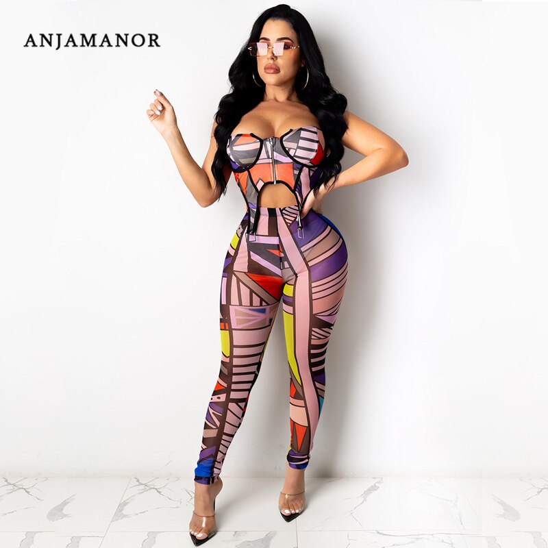 ANJAMANOR 2 Piece Outfits Sexy Women Clothes Clubwear Geometric Print Corset Top Leggings Sweat Suits Matching Sets D42-DC20