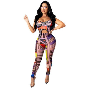 ANJAMANOR 2 Piece Outfits Sexy Women Clothes Clubwear Geometric Print Corset Top Leggings Sweat Suits Matching Sets D42-DC20