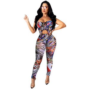 ANJAMANOR 2 Piece Outfits Sexy Women Clothes Clubwear Geometric Print Corset Top Leggings Sweat Suits Matching Sets D42-DC20