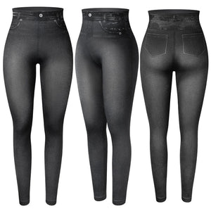 Women Jeggings Faux Denim Jeans Leggings High Waisted Tummy Control Slim Leggins Printed Pencil Pants Seamless Skinny Trousers