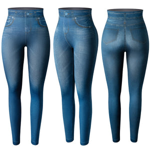 Women Jeggings Faux Denim Jeans Leggings High Waisted Tummy Control Slim Leggins Printed Pencil Pants Seamless Skinny Trousers