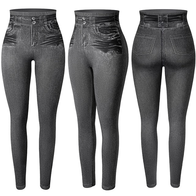 Women Jeggings Faux Denim Jeans Leggings High Waisted Tummy Control Slim Leggins Printed Pencil Pants Seamless Skinny Trousers
