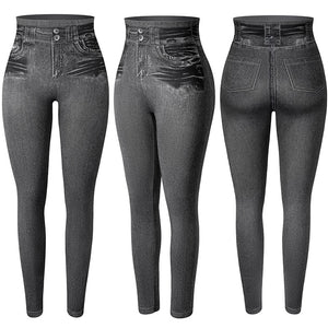Women Jeggings Faux Denim Jeans Leggings High Waisted Tummy Control Slim Leggins Printed Pencil Pants Seamless Skinny Trousers