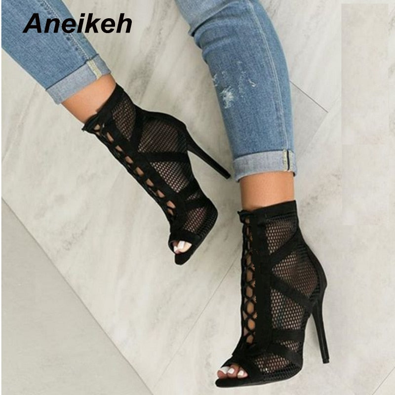 Aneikeh 2021 Fashion Basic Sandals Boots Women High Heels Pumps Sexy Hollow Out Mesh Lace-Up Cross-tied Boots Party Shoes Party
