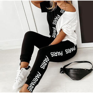 Letter Pint Off Shoulder Tracksuit Women Two Piece Set Summer Clothes Short Sleeve Colorblock Top Pants Suit Women's Sets Outfit